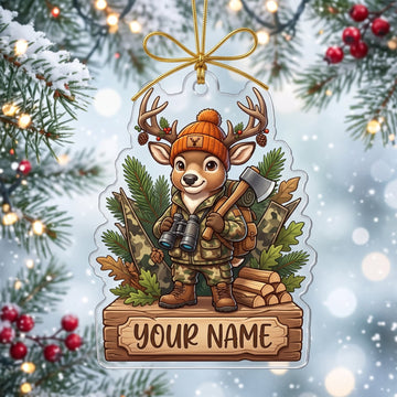 Maxcorners Deer Hunting Christmas Woodland Hunter Buck Customized Name 3D Keychain And Ornament
