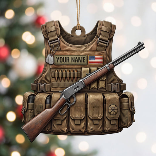 Maxcorners Hunting Classic Field Vest And Wooden Rifle Personalized Name 3D Keychain And Ornament