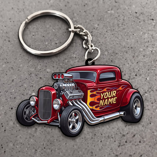 Maxcorners Hot Rod Burgundy Vintage Roadster with Chrome Engine and Yellow Flames Personalized Name 3D Keychain And Ornament
