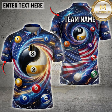 Maxcorners Billiards Blue Galaxy And Metallic 9 Ball Personalized Name 3D Unisex Shirt