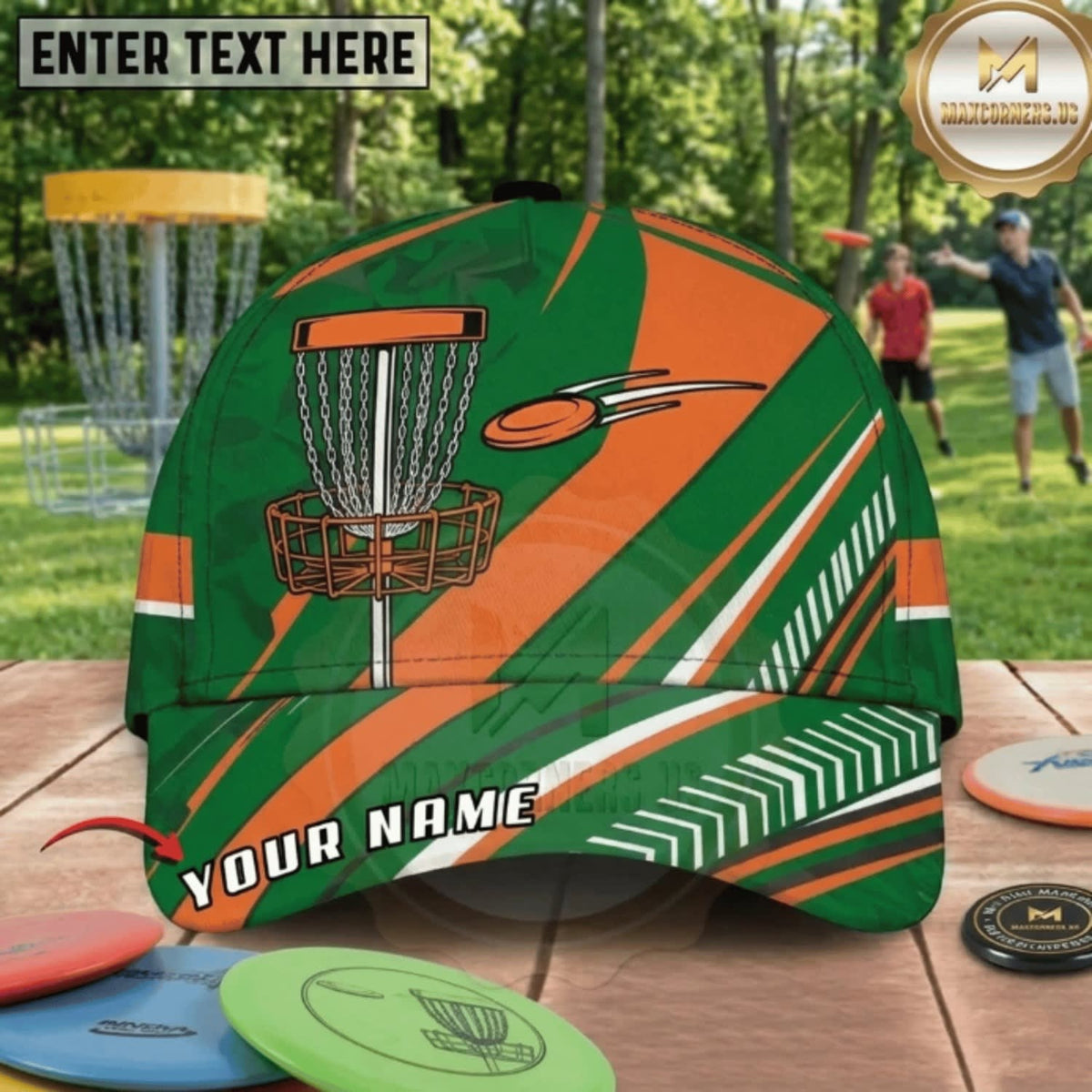 (7 Colors) Maxcorners Disc Golf Dynamic Stripe Chain Basket Personalized Name 3D Cap LM3009