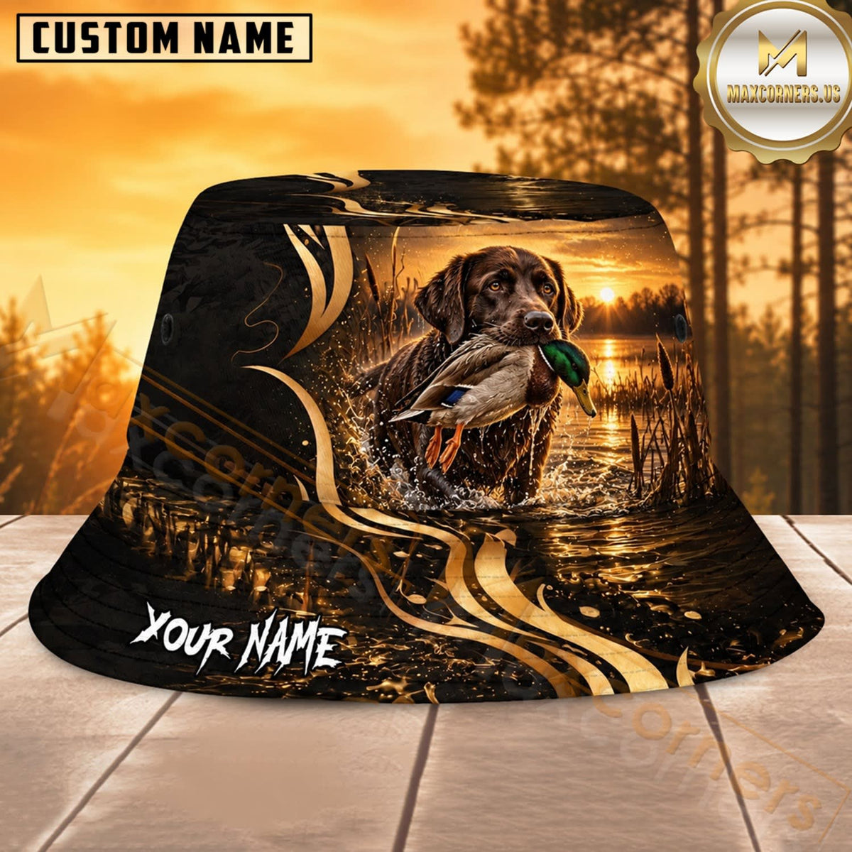 Maxcorners Wild Boar Hunting Golden Tribal Personalized Name 3D Bucket Hat