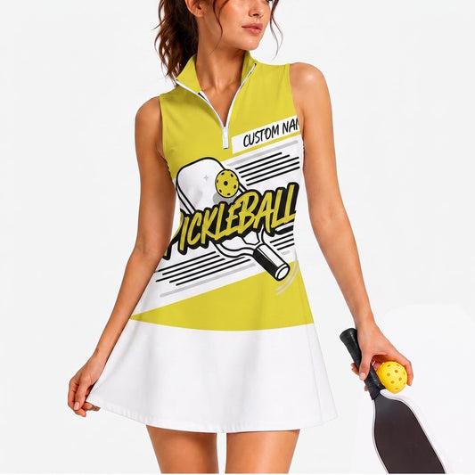 Maxcorners Pickleball Sleeveless Zipper Sports Dress Set Yellow Pickleball Team Graphic Personalized Name 3D Sleeveless Zipper Sports Dress Set