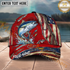 Maxcorners Fishing Ripped Red American Flag Hook Personalized Name 3D Cap (12 Fish Species)