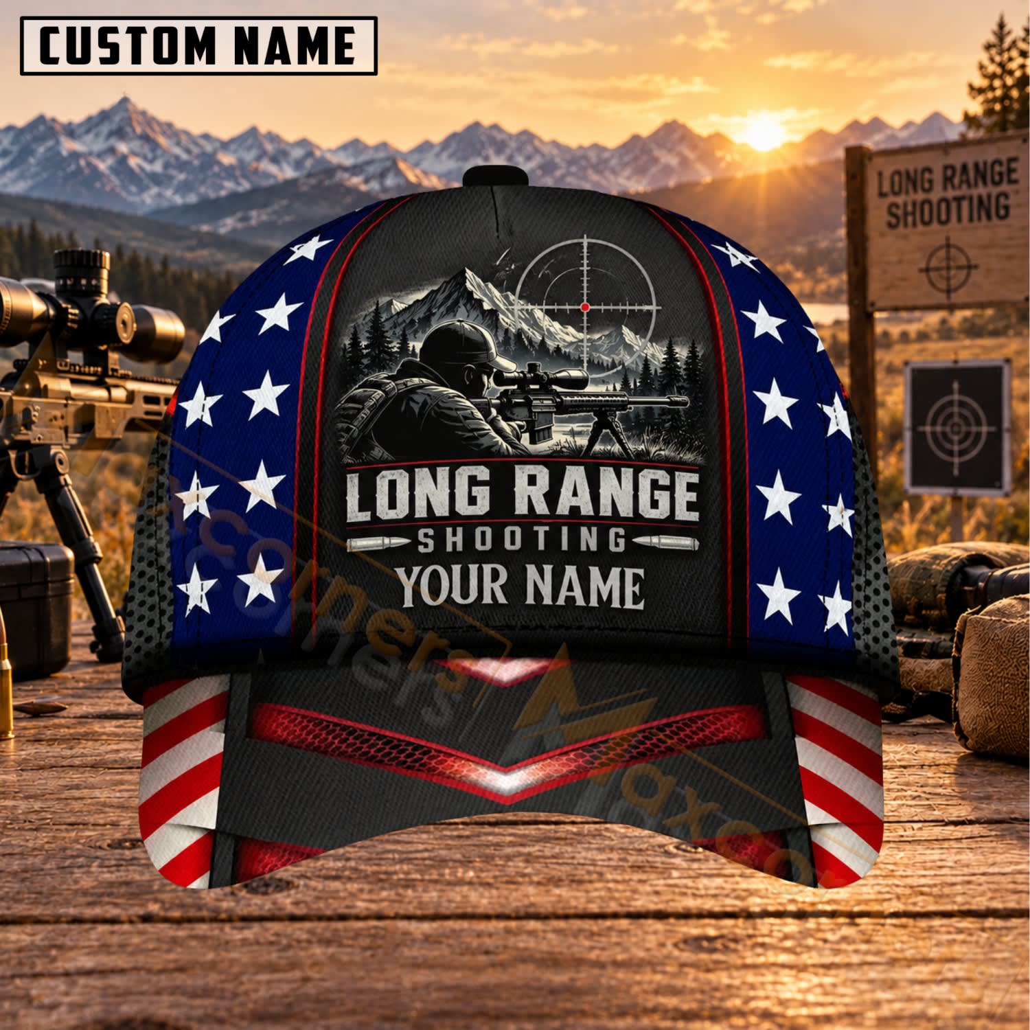 Maxcorners Long Range Shooting American Flag Sniper Rifle Personalized Name 3D Cap