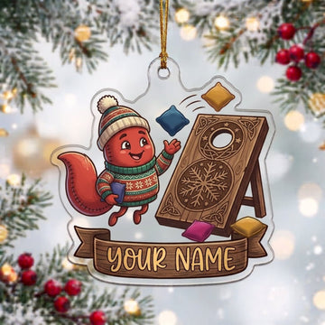 Maxcorners Cornhole Christmas Squirrel Wooden Board Customized Name 3D Keychain And Ornament