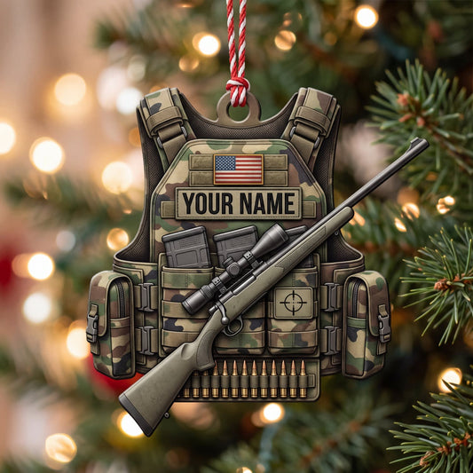 Maxcorners Veteran American Flag Olive Tactical Vest And Classic Rifle Personalized Name 3D Keychain And Ornament