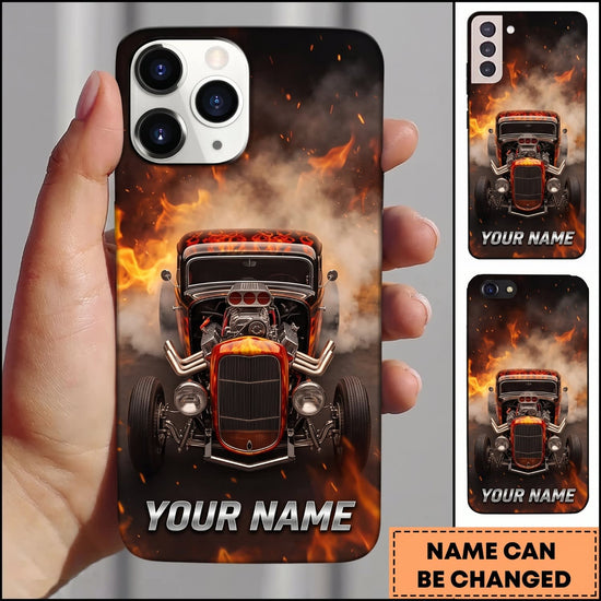 Maxcorners Hot Rod Black Classic Car with Front Grille and Orange Flame Background Personalized Name 3D Phone Case