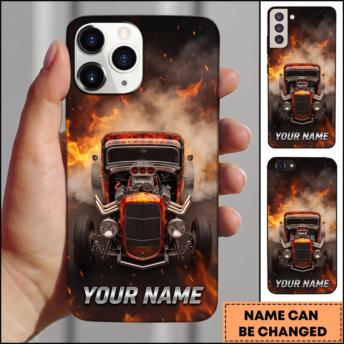 Maxcorners Hot Rod Black Classic Car with Front Grille and Orange Flame Background Personalized Name 3D Phone Case