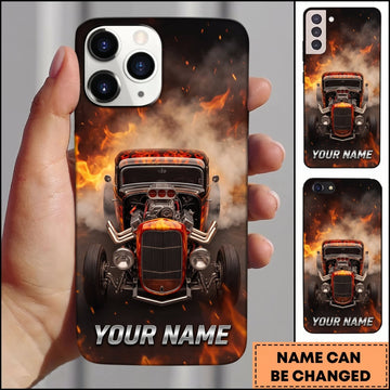 Maxcorners Hot Rod Black Classic Car with Front Grille and Orange Flame Background Personalized Name 3D Phone Case