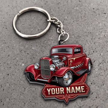 Maxcorners Hot Rod Red Classic Roadster with Chrome Engine and Custom Name Banner Personalized Name 3D Keychain And Ornament