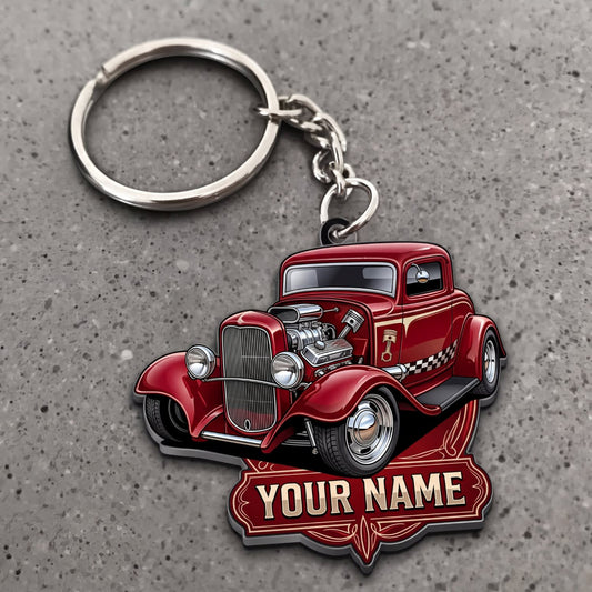 Maxcorners Hot Rod Red Classic Roadster with Chrome Engine and Custom Name Banner Personalized Name 3D Keychain And Ornament