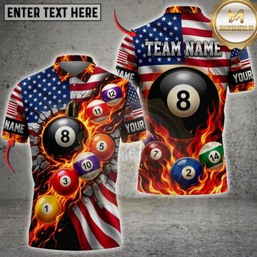 Maxcorners Billiards American Flag Flaming 8 Ball And Colorful Pool Balls Personalized Name 3D Unisex Shirt