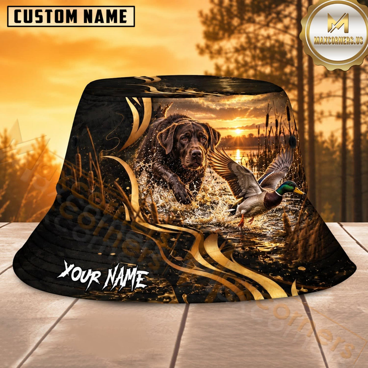 Maxcorners Wild Boar Hunting Golden Forest Personalized Name 3D Bucket Hat