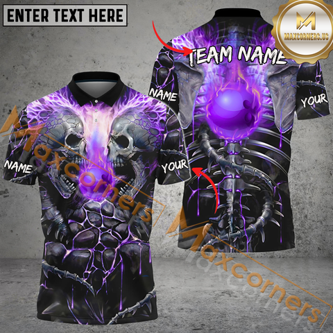 Maxcorners Skull Ball Flame Bowling Jersey Multicolor Option Customized Name, Team Name 3D Polo Shirt