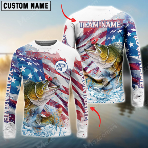 Maxcorners Walleye Fishing Watercolor Usa Flag Personalized Name, Team Name 3D Long Sleeve Shirt