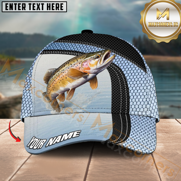 Maxcorners Trout Fishing Blue Net Pattern Design Personalized Name 3D Cap
