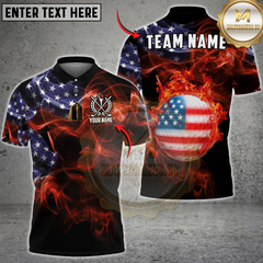 Maxcorners Golf Shirt American Flag Fire Golf Ball Personalized Name Team Name 3D Shirt