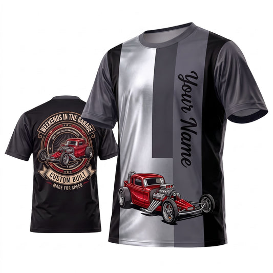 (7 Colors) Maxcorners Personalized Car Classic Muscle Car 3D T-Shirt - Vintage Black Yellow Racing Stripes and Red Muscle Car