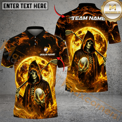 Maxcorners Grim Reaper Fire Golf Polo Shirt, Customized Name & Team Name 3D Shirts (4 Colors)