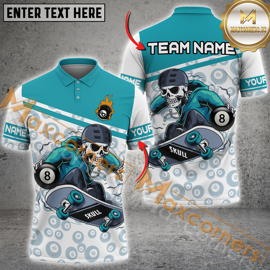 Maxcorners Billiard Skateboarding Skeleton Multicolor Options Personalized Name, Team Name 3D Polo Shirt (4 Colors)