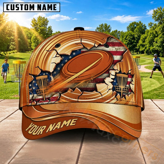 Maxcorners Disc Golf American Flag & Flying Disc Orange Graphic Customized Name 3D Cap