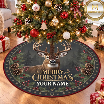 Maxcorners Hunting Buck Antler Merry Christmas Personalized Name 3D Christmas Tree Skirt