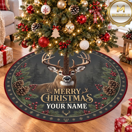 Maxcorners Hunting Buck Antler Merry Christmas Personalized Name 3D Christmas Tree Skirt