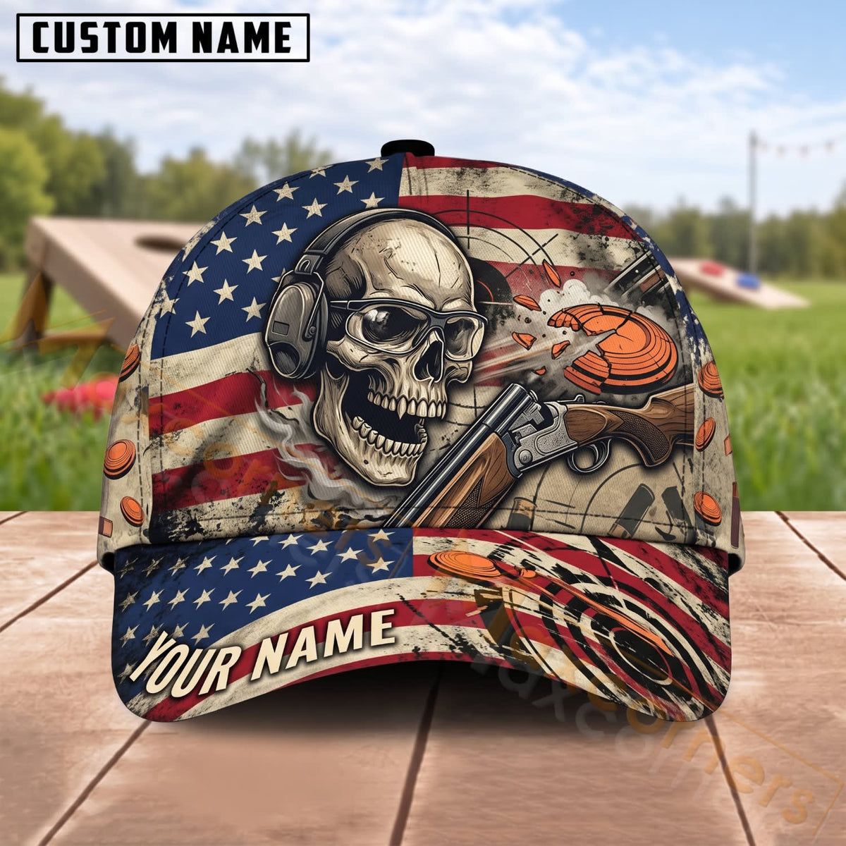 Maxcorners Trap & Skeet Shooting American Flag Skull Shooter Personalized Name 3D Cap