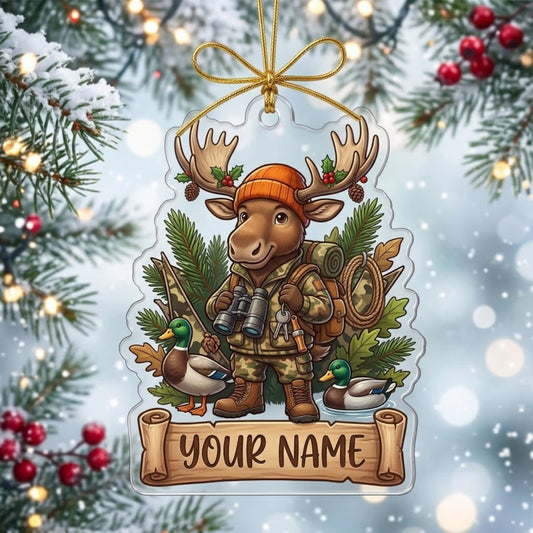 Maxcorners Moose Hunting Christmas Woodland Hunter Customized Name 3D Keychain And Ornament