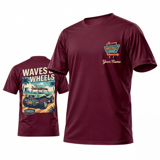 Maxcorners Personalized Car Classic Muscle Car 3D T-Shirt – Burgundy Waves and Wheels Coastal Classic Car