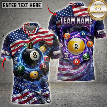 Maxcorners Billiards American Flag Blue Lightning And Golden 9 Ball Personalized Name 3D Unisex Shirt