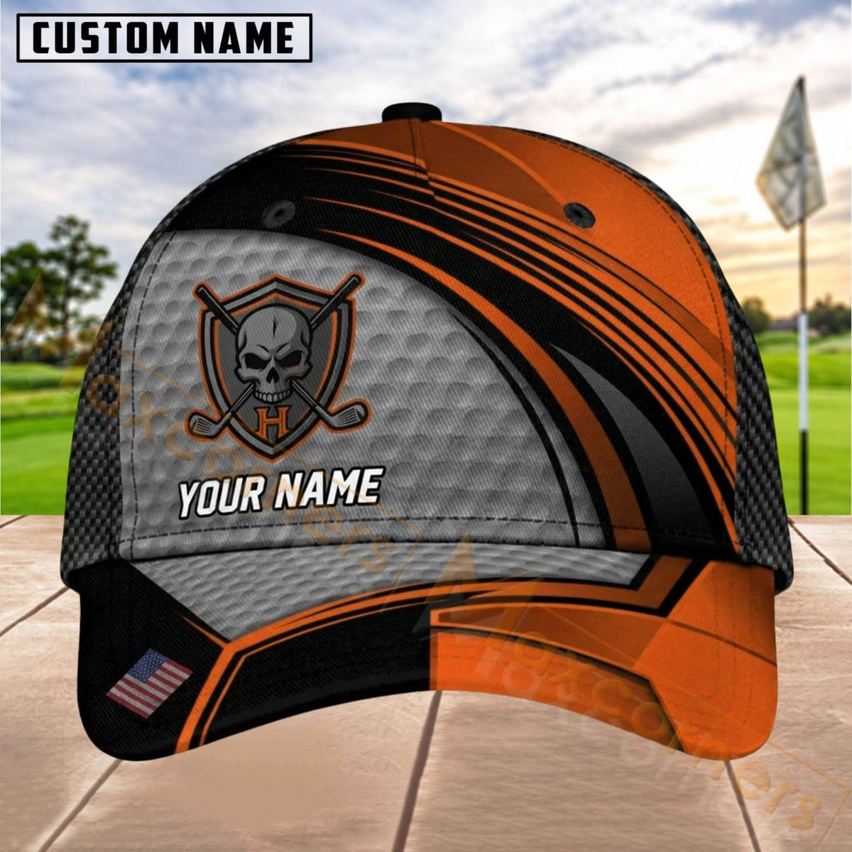 Maxcorners Golf Skull Shield Dynamic Stripe Personalized Name 3D Cap (8 Colors)