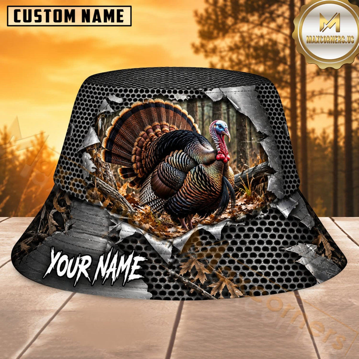 Maxcorners Turkey Hunting Black Carbon Feather Personalized Name 3D Bucket Hat