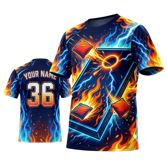 Maxcorners Cornhole Electric Flame Blue Orange Personalized Name 3D Unisex Shirt