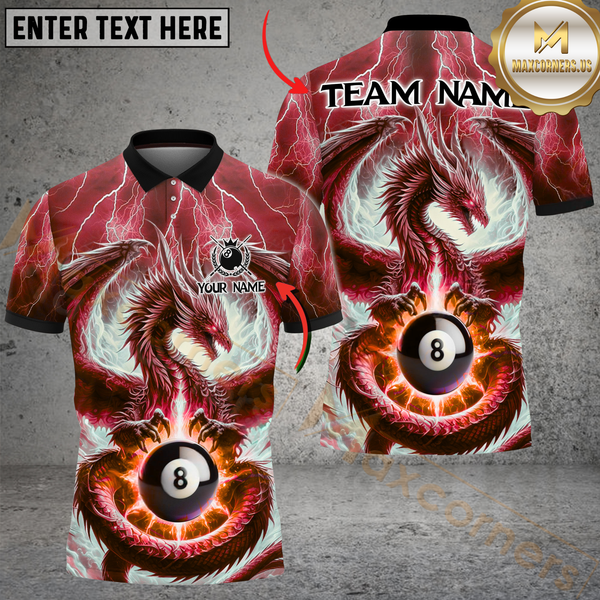 Maxcorners Billiard 8-Ball Pool Dragon Thunder Multicolor Option Customized Name, Team Name 3D Polo Shirt