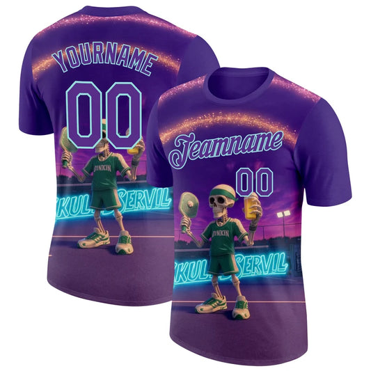 Maxcorners Skeleton Dinkin Pickleball Player Neon Court Beer Mug Purple Jersey Personalized Name 3D Unisex Shirt