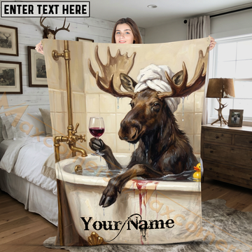 Maxcorners Humorous Moose in Bathtub Drinking Wine Personalized 3D Blanket