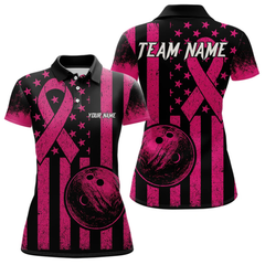 Maxcorners Black and Pink ribbon American Flag Bowling Shirts For Men Custom Breast Cancer team bowling shirts LM064