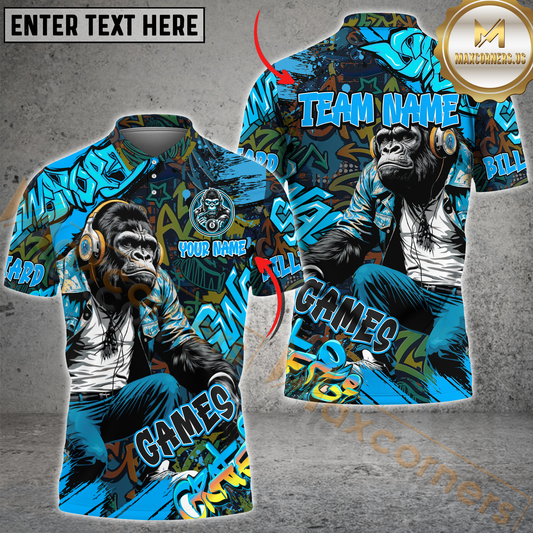 Maxcorners Graffiti Chimp Billiard Jersey Multicolor Option Customized Name, Team Name 3D Polo Shirt