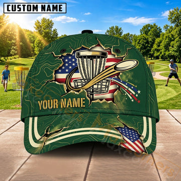 Maxcorners Disc Golf Flying Disc & Patriotic Stripe Graphic Customized Name 3D Cap