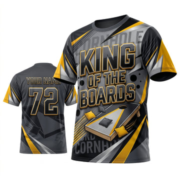 Maxcorners Cornhole King Of The Boards Gray Gold Personalized Name 3D Unisex Shirt