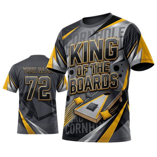 Maxcorners Cornhole King Of The Boards Gray Gold Personalized Name 3D Unisex Shirt