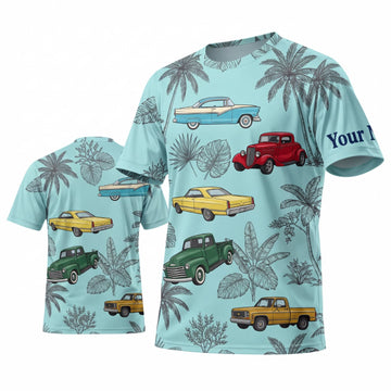 Maxcorners Personalized Car Classic Muscle Car 3D T-Shirt – Light Blue Tropical Palm Trees and Colorful Classic Cars