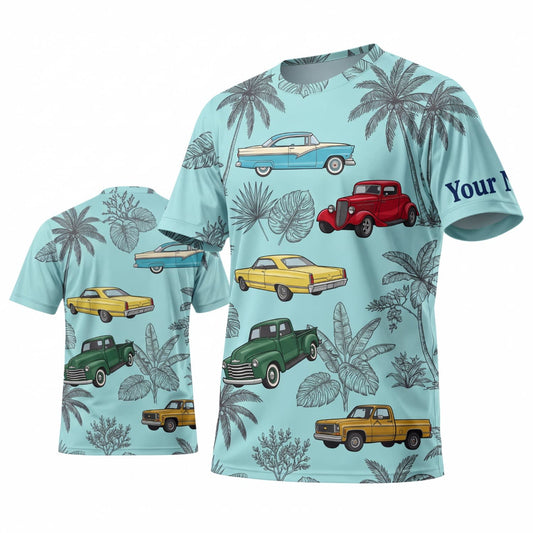 Maxcorners Personalized Car Classic Muscle Car 3D T-Shirt – Light Blue Tropical Palm Trees and Colorful Classic Cars