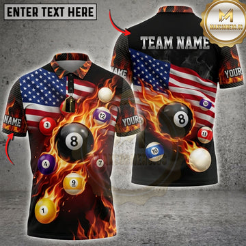 Maxcorners Billiards American Flag Flaming 8 Ball And Pool Balls Personalized Name 3D Unisex Shirt