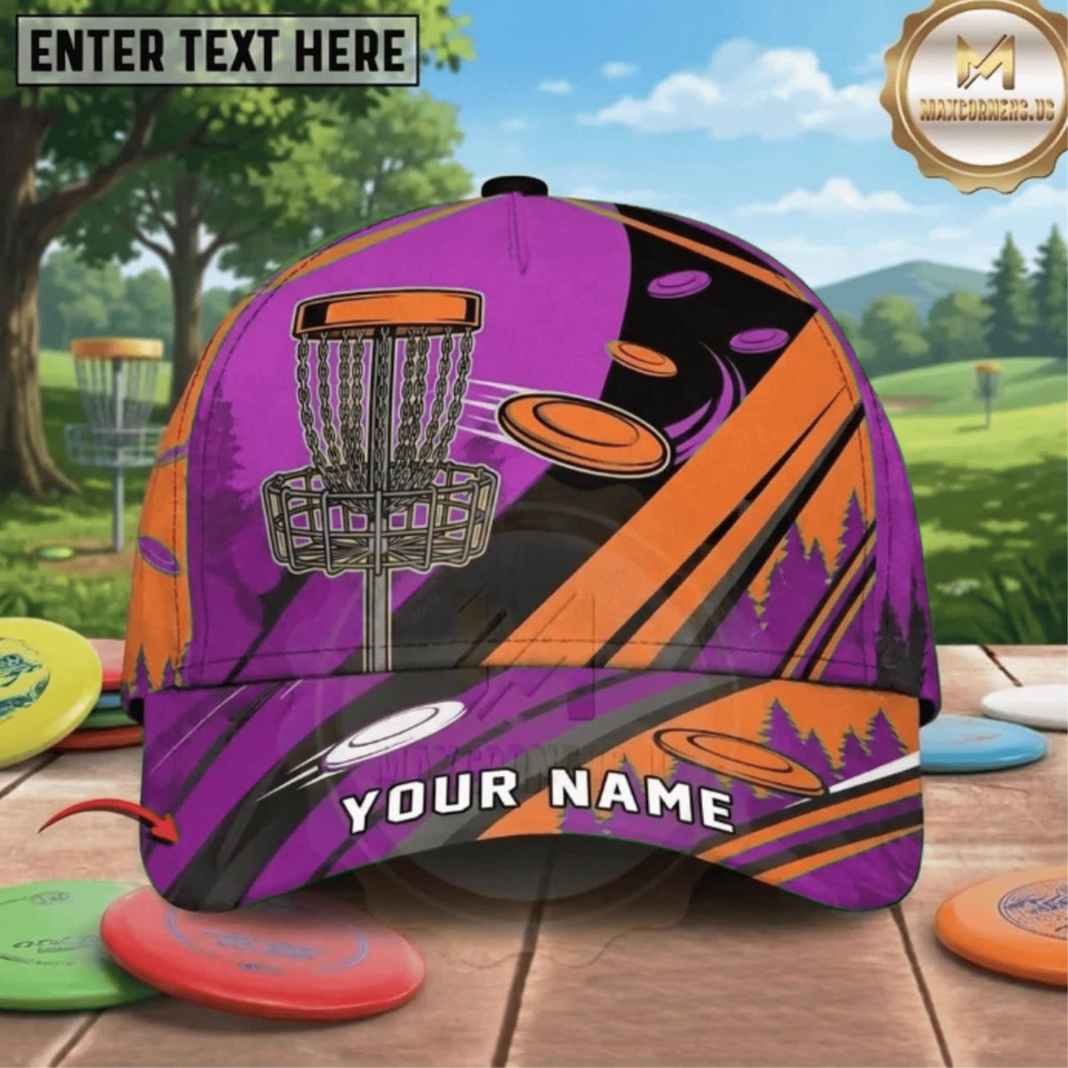(8 Colors) Maxcorners Disc Golf Mountain Flying Discs & Chain Basket Personalized Name 3D Cap LM3009