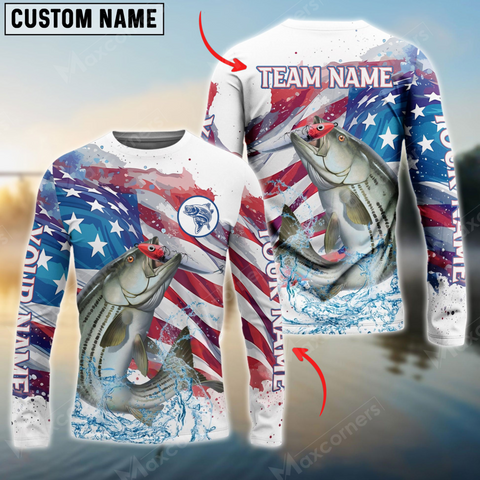 Maxcorners Striped Bass Fishing Watercolor Usa Flag Personalized Name, Team Name 3D Long Sleeve Shirt