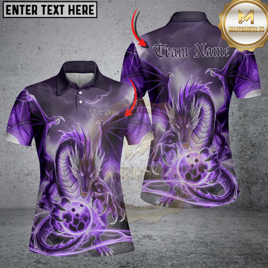 Maxcorners Purple Thunder Lightning Custom Dragon Bowling Polo Shirts For Women, Bowling Team Uniform LM2703