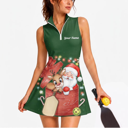 Maxcorners Pickleball Sleeveless Zipper Sports Dress Set Christmas Santa Gift Personalized Name 3D Sleeveless Zipper Sports Dress Set